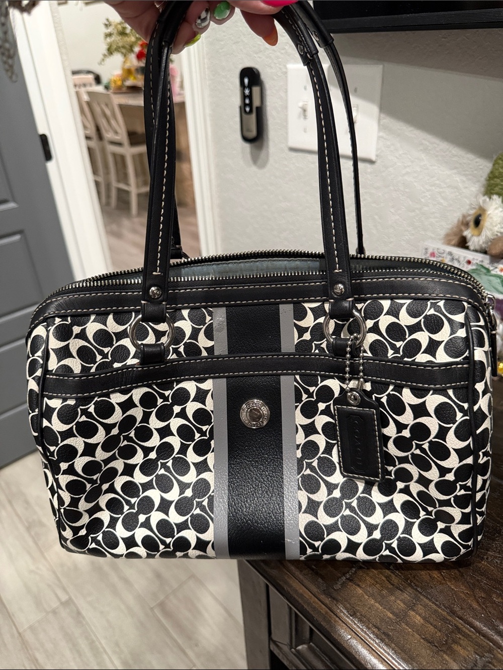 Coach Black and White Signature Stripe Satchel